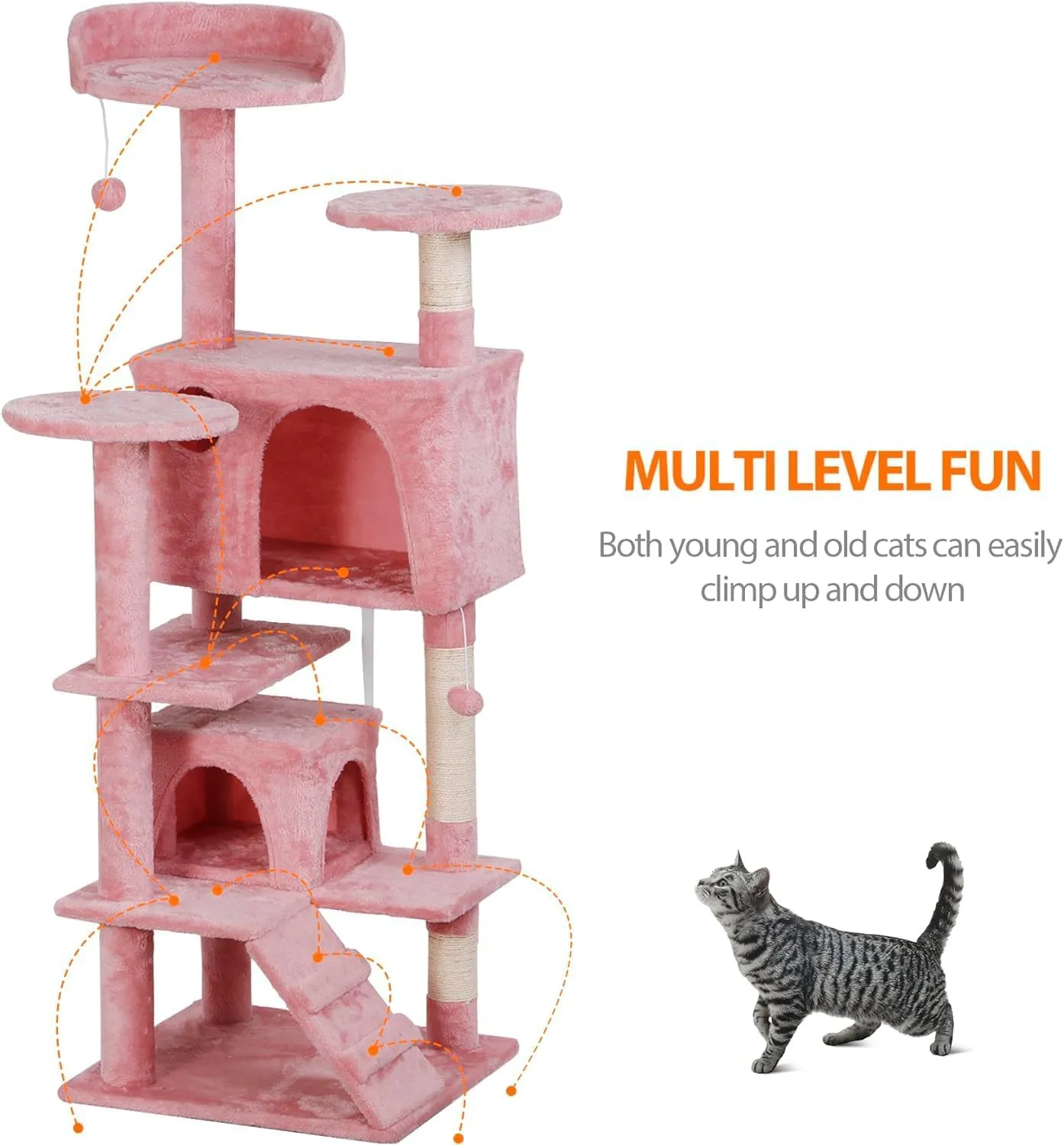 53 inches Heavy Duty Multi-Level Cat Tree Tower with Condo Furniture & Scratching Posts for Kittens Play Rest (Pink)