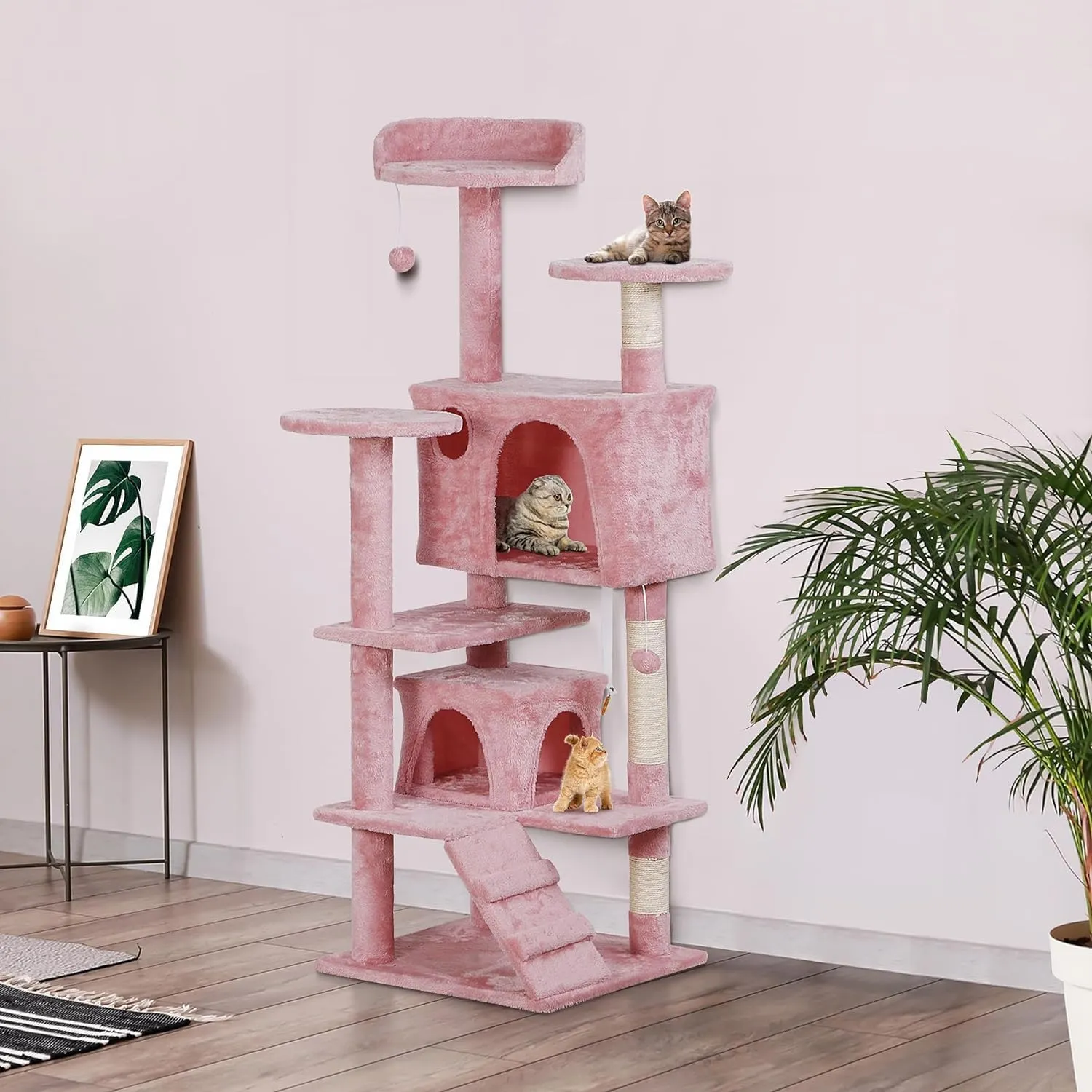 53 inches Heavy Duty Multi-Level Cat Tree Tower with Condo Furniture & Scratching Posts for Kittens Play Rest (Pink)