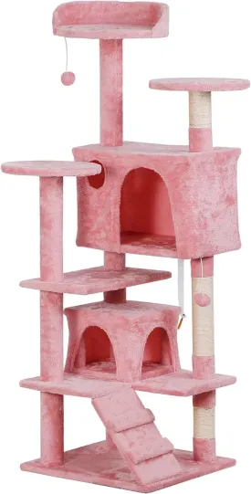 53 inches Heavy Duty Multi-Level Cat Tree Tower with Condo Furniture & Scratching Posts for Kittens Play Rest (Pink)