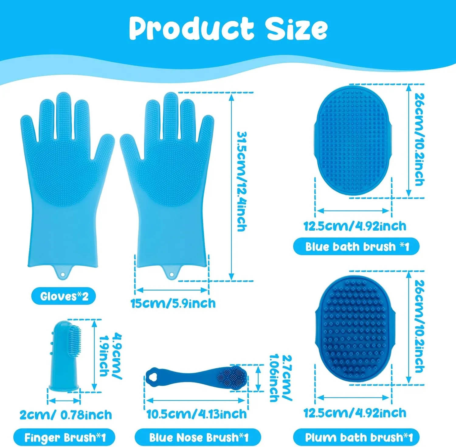 6/8 pcs Pet Grooming Gloves, Heat Resistant Dog Bathing Gloves, Dog Bath Brush Toothbrush Finger Shampoo Brush Grooming Mitt, Silicone Pet Cat Cleaning Kit for Washing Bathing Massaging(blue,6)