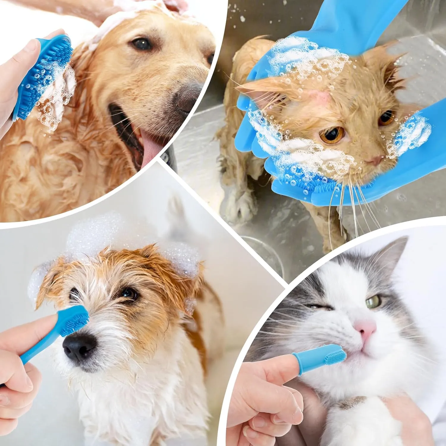 6/8 pcs Pet Grooming Gloves, Heat Resistant Dog Bathing Gloves, Dog Bath Brush Toothbrush Finger Shampoo Brush Grooming Mitt, Silicone Pet Cat Cleaning Kit for Washing Bathing Massaging(blue,6)