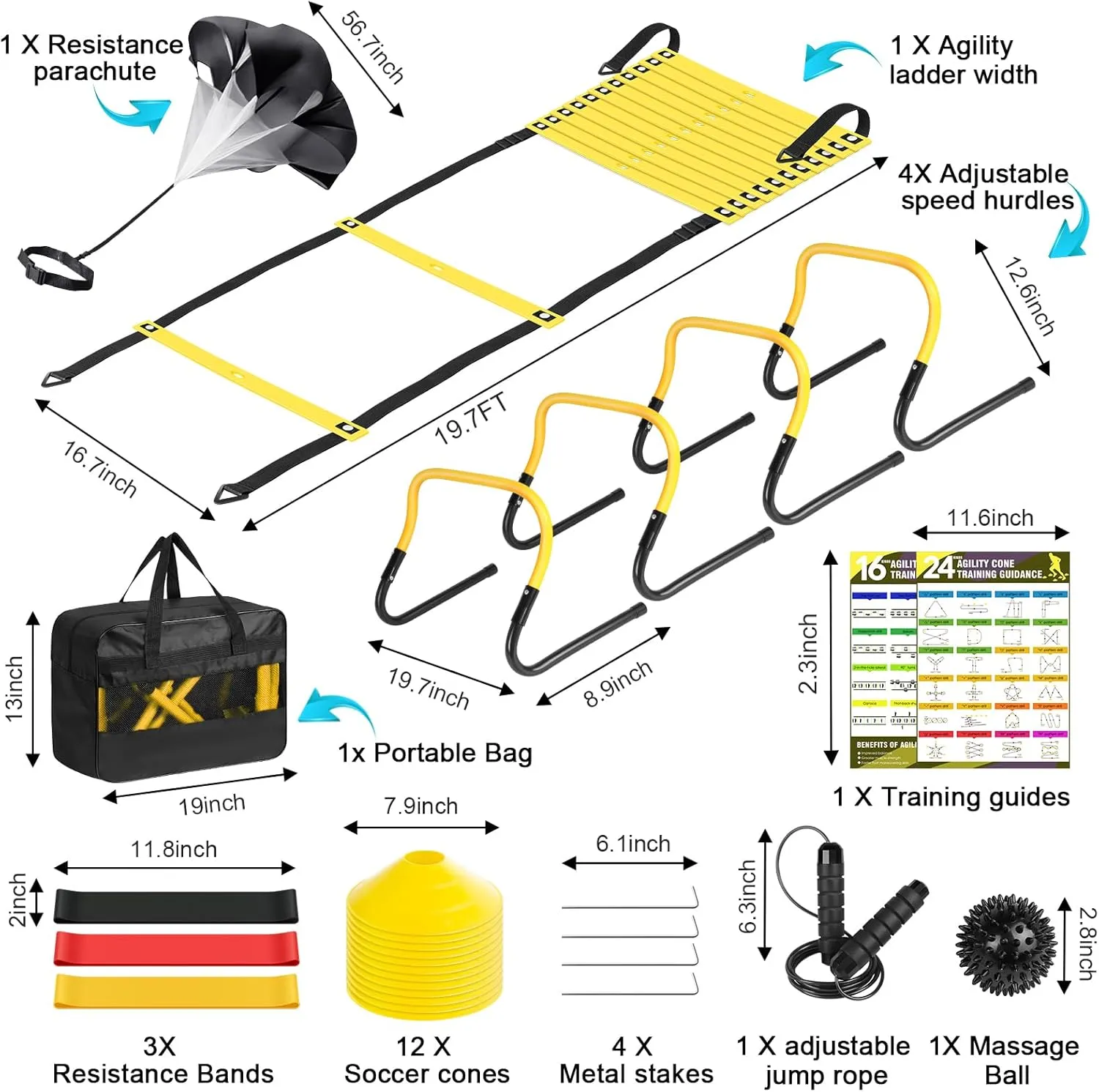 Agility Speed Training Equipment Set - 20ft Speed Ladder, 12 Cones, 4 Adjustable Hurdles, Jump Rope, Parachute, 3 Resistance Bands | Ideal for Basketball, Football, Soccer, for Kids, Youth, Adults