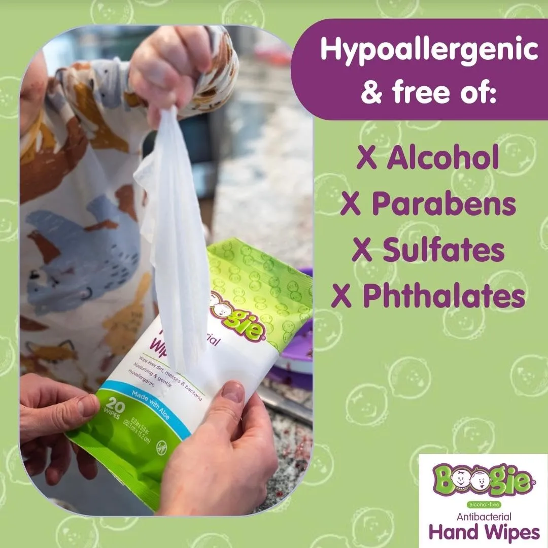 Antibacterial Hand Wipes by Boogie Wipes, Alcohol-Free, Hypoallergenic and Moisturizing Aloe, Boogie Hand Wipes for Adults and Kids, 5 Packs of 20