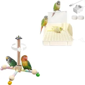 Automatic Bird Bath with Running Water and Spinning Perch Toy Set - Interactive Shower Fountain and Exercise Wheel for Parrots, Cockatiels, Conures, Budgies and Lovebirds