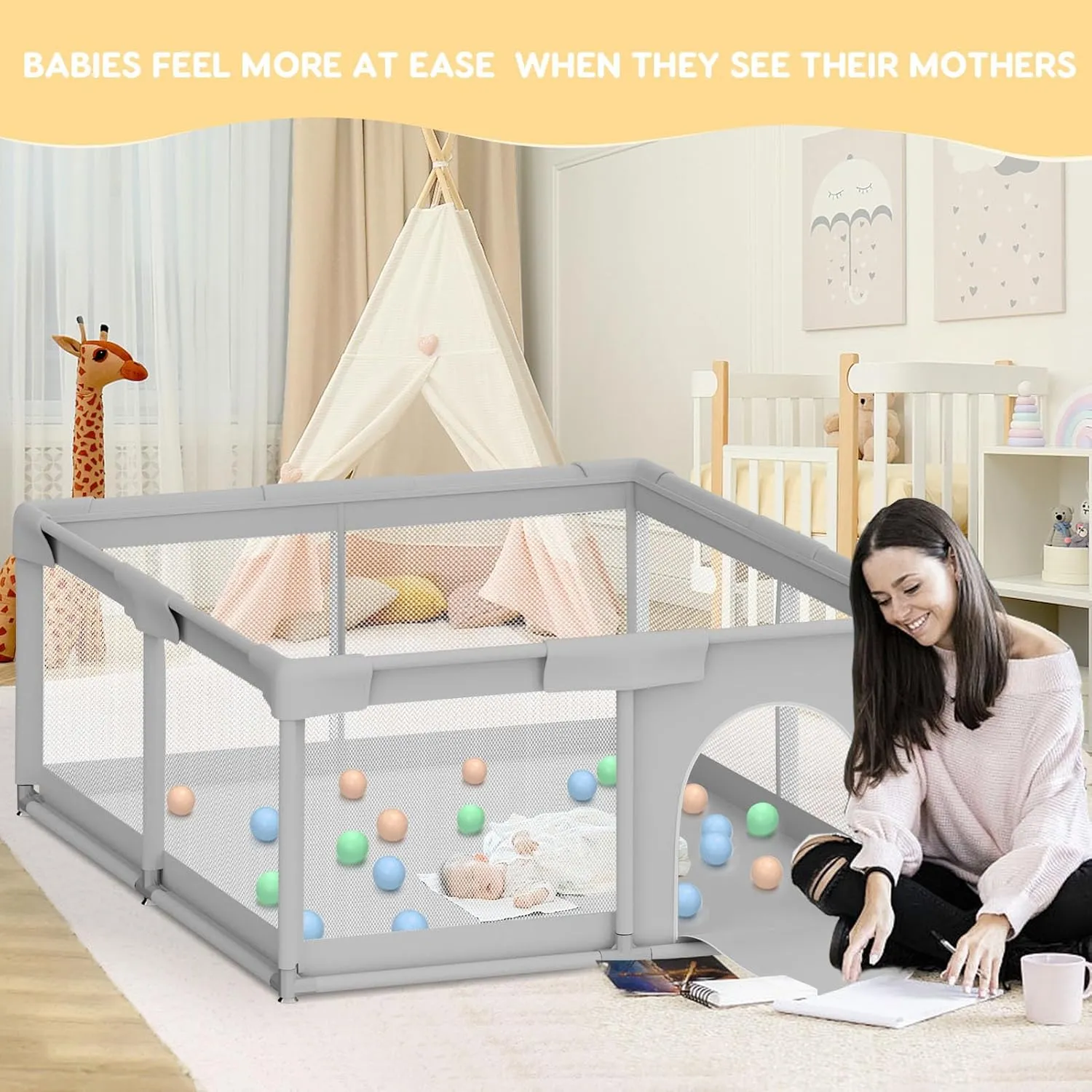 Baby Playpen for Toddler, Large Playpen for Babies 50"  50" Baby Fence Playards, Kids Safety Play Pen Area for Indoor & Outdoor (Grey)
