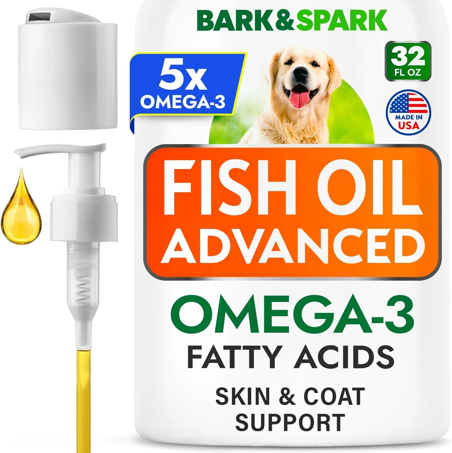 BARK&SPARK Omega 3 Fish Oil for Dogs & Cats - w/Wild Alaskan Salmon Oil for Dogs, Fish Oil Liquid Supplement for Pets, EPA DHA Fatty Acids, Skin&Coat Support 32 Oz