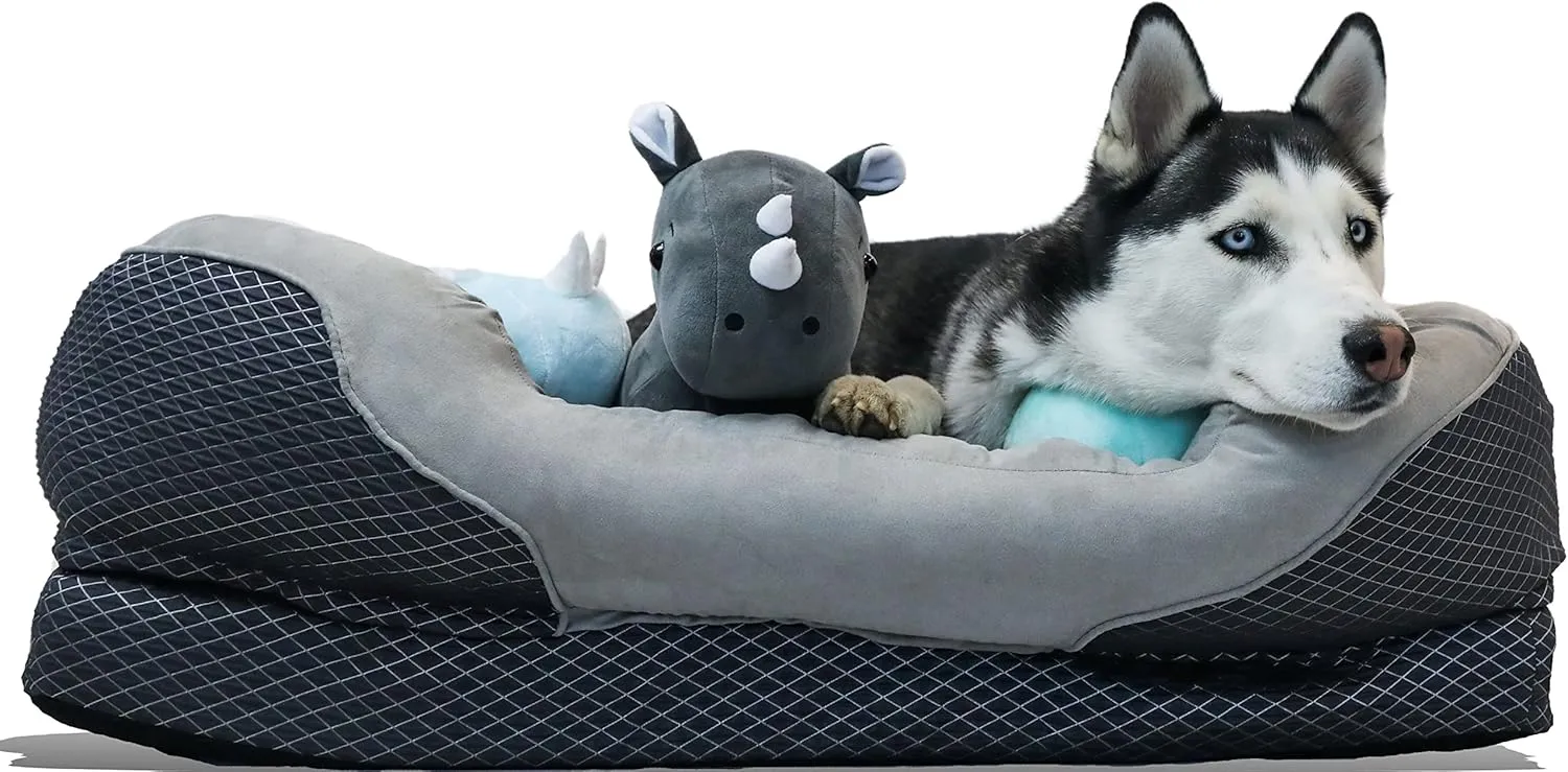 BarksBar Snuggly Sleeper Large Gray Diamond Orthopedic Dog Bed with Solid Orthopedic Foam, Soft Cotton Bolster, and Ultra Soft Plush Sleeping Space - 40 x 30 Inches