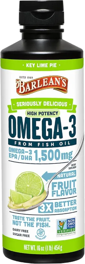 Barlean's Key Lime Pie High Potency Omega 3 Fish Oil Liquid Supplement, 1500mg of EPA & DHA Fatty Acid, Smoothie Flavored & Burpless for Brain, Joint, & Heart Health, 16 oz