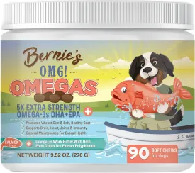 Bernies OMG!!! Omegas Chews for Dogs - 5X Extra Strength DHA EPA, Fish Oil, Healthy Skin & Coat, Allergy Relief, Joint Supplement (Salmon Flavor)