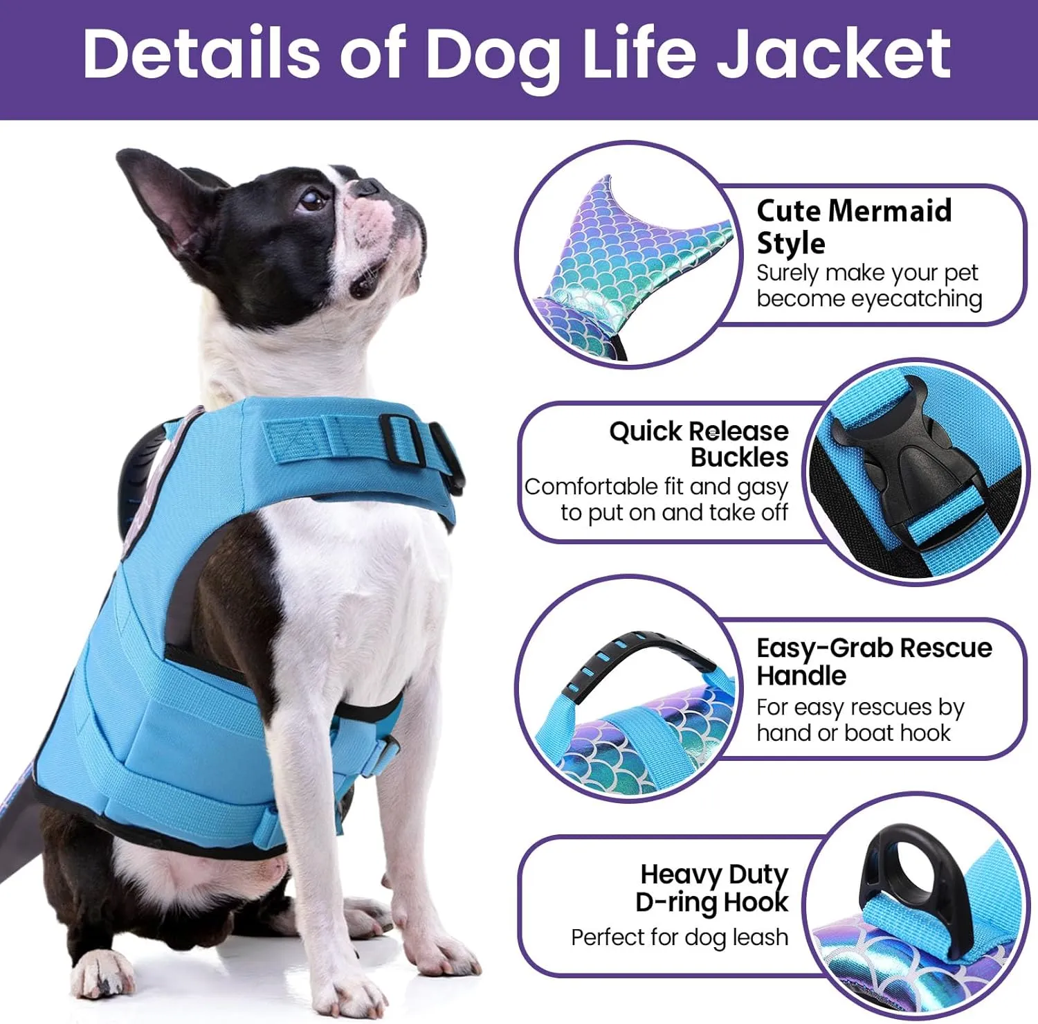 Bess Bridal Dog Life Jacket - Mermaid Life Vest for Swimming Boating - Pet Lifejacket Swimsuit with Rescue Handle - High Flotation Lifesaver Preserver for Small Medium Large Dogs, Blue Mermaid M