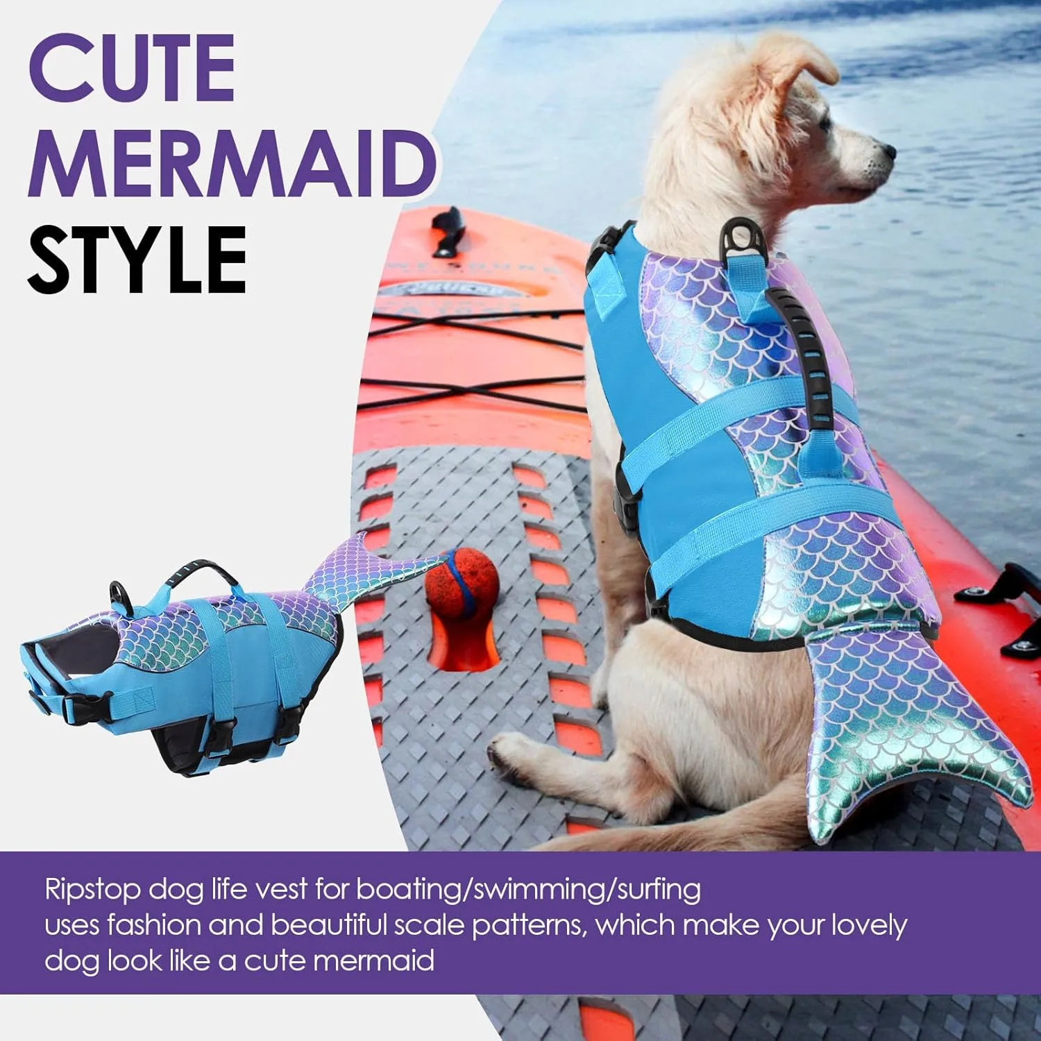 Bess Bridal Dog Life Jacket - Mermaid Life Vest for Swimming Boating - Pet Lifejacket Swimsuit with Rescue Handle - High Flotation Lifesaver Preserver for Small Medium Large Dogs, Blue Mermaid M