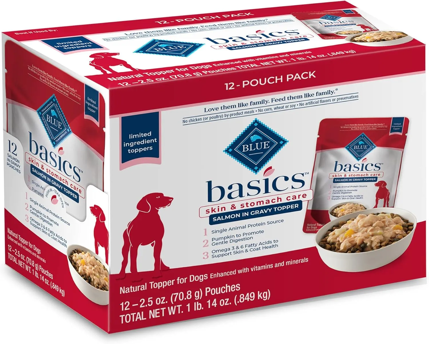 Blue Buffalo Basics Skin & Stomach Care Natural Wet Dog Food Topper, Salmon in Gravy 2.5oz Pouch (12 Pack)