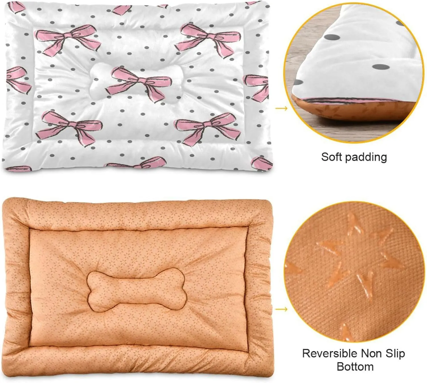 Bow Pink Crate Pet Bed, Portable Washable Dog Cat Mat, Soft Comfortable Pet Mattress with Non-Slip Bottom for Dogs Cats Sleeping, 24 x 18 Inch