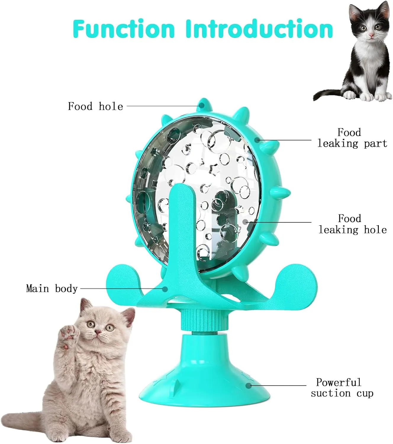 Cat Dog Treat Dispenser Toy - Cat Interactive Feeder Pet Food Toys Feeder 360 Degree Rotating Food Leakage Device Rotate with Strong Suction Cup Money Wheel Shape (Lake Blue)