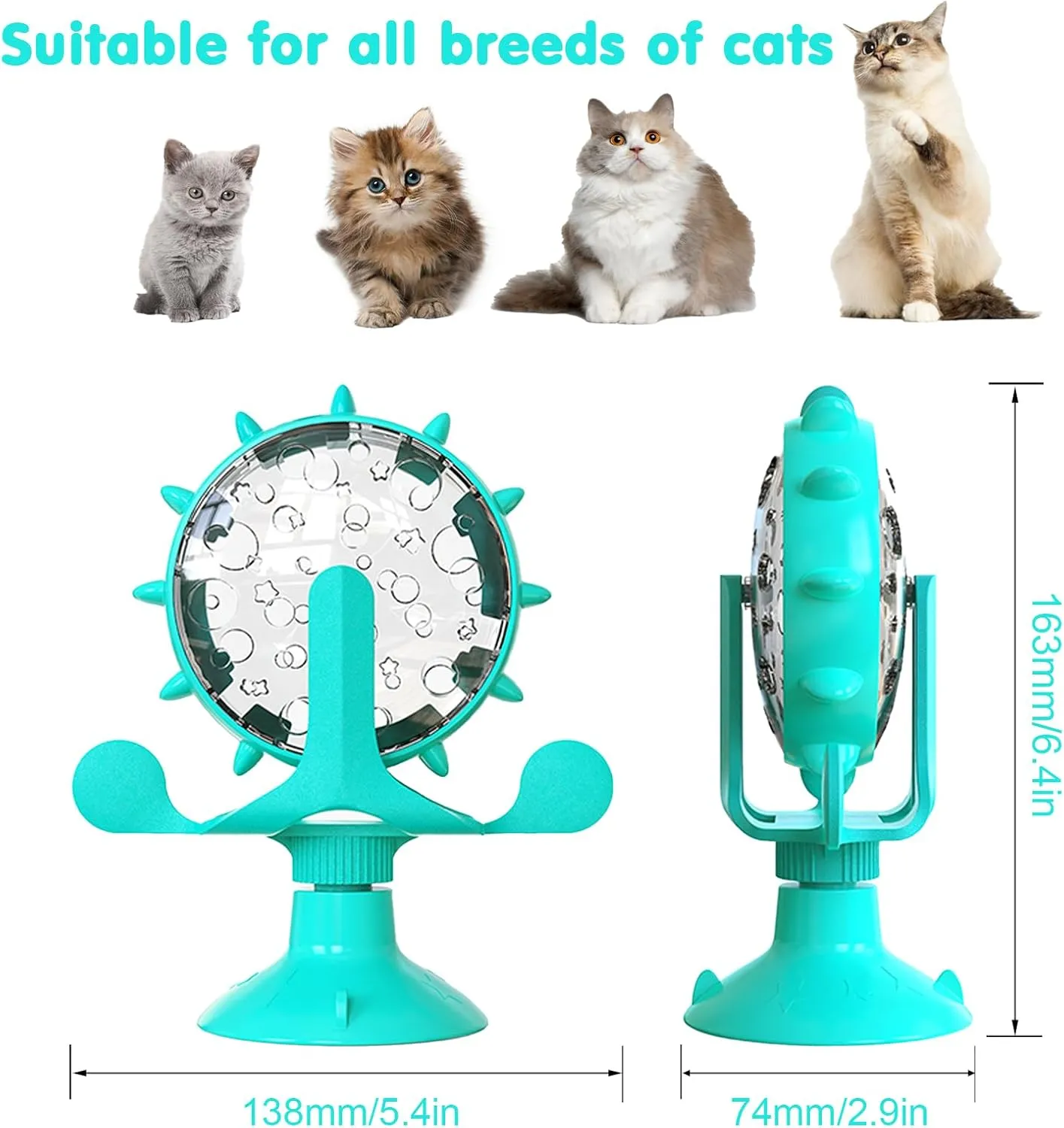 Cat Dog Treat Dispenser Toy - Cat Interactive Feeder Pet Food Toys Feeder 360 Degree Rotating Food Leakage Device Rotate with Strong Suction Cup Money Wheel Shape (Lake Blue)