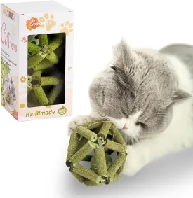 Cat Toys - 2 Pcs Grass Stick Cage Balls & Bell Ball, Indoor Toys for Bored Cats, Safe Teeth Cleaning Toothbrush, Chew Toy for All Breeds