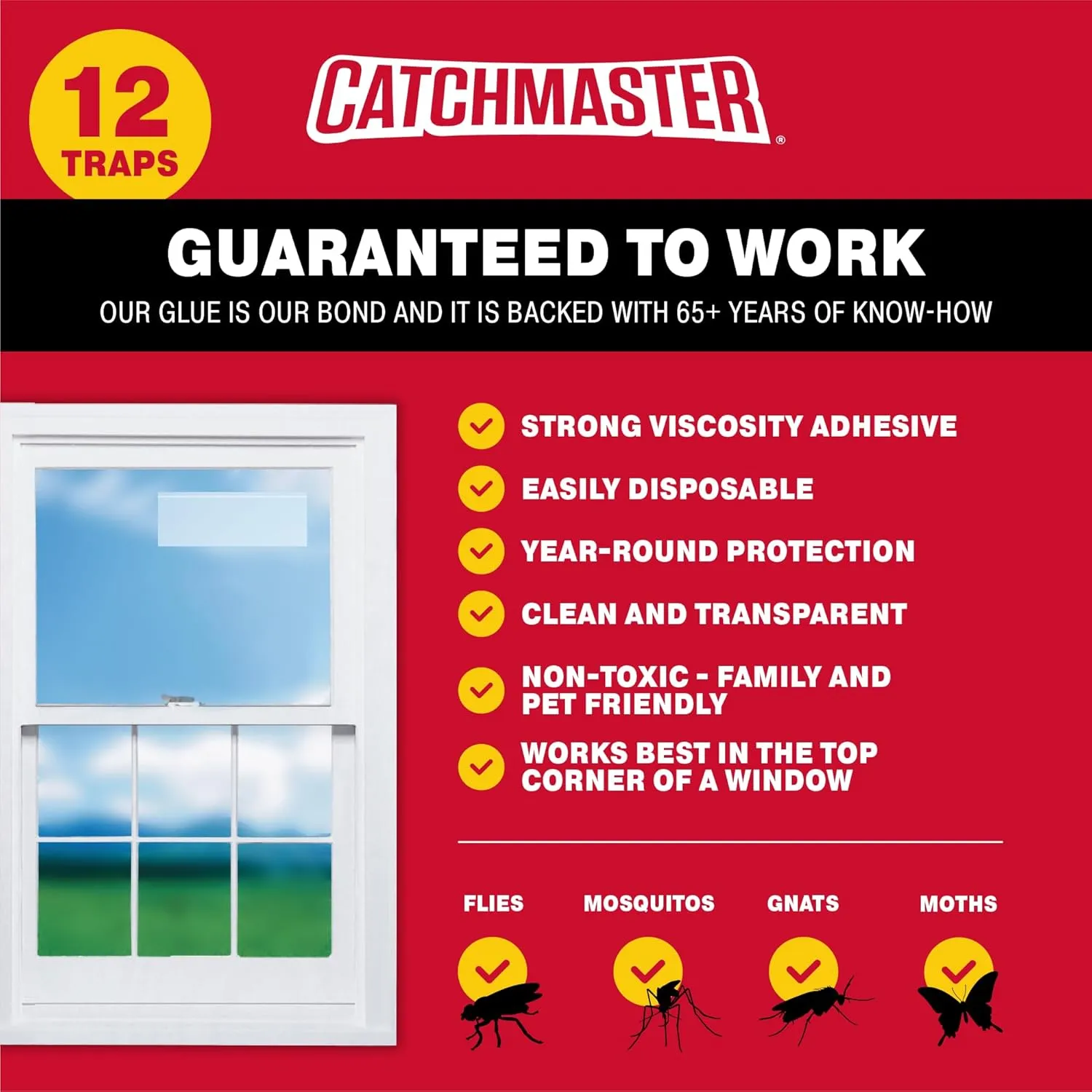 Catchmaster Window Fly Traps 12-Pack, Fruit Fly Traps for Indoors, Disposable Bulk Bug Catcher, Waterproof Insect Glue Trap, Adhesive Strips, Pet Safe Pest Control for Home, Kitchen, & Garage