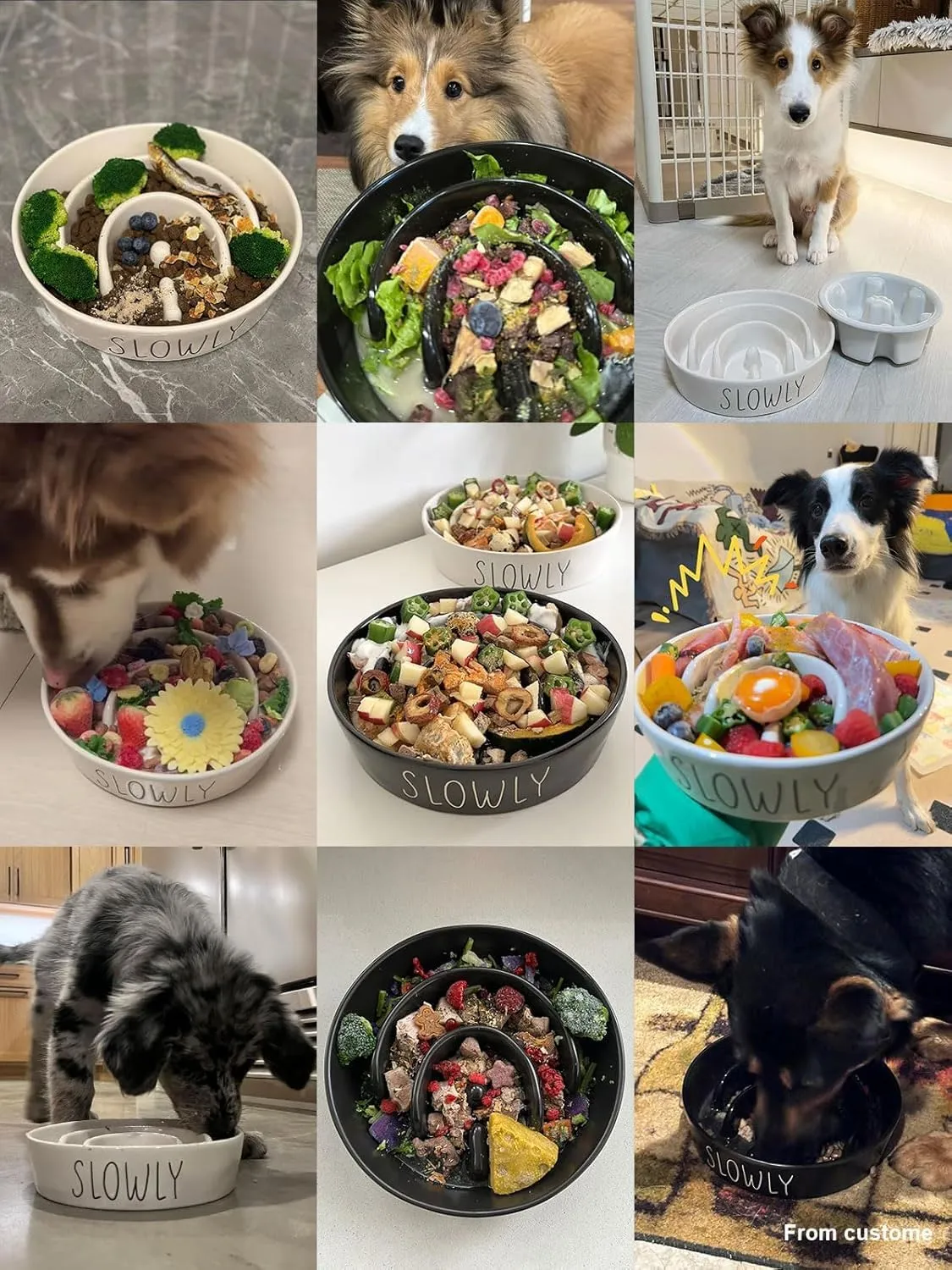 Ceramic Slow Feeder Dog Bowls Elevated, 3 Cups Raised Dog Bowl with Wooden Stand for Medium Large Breed, Dog Dishes to Slow Down Eating, Puzzle Dog Food Bowl,Black