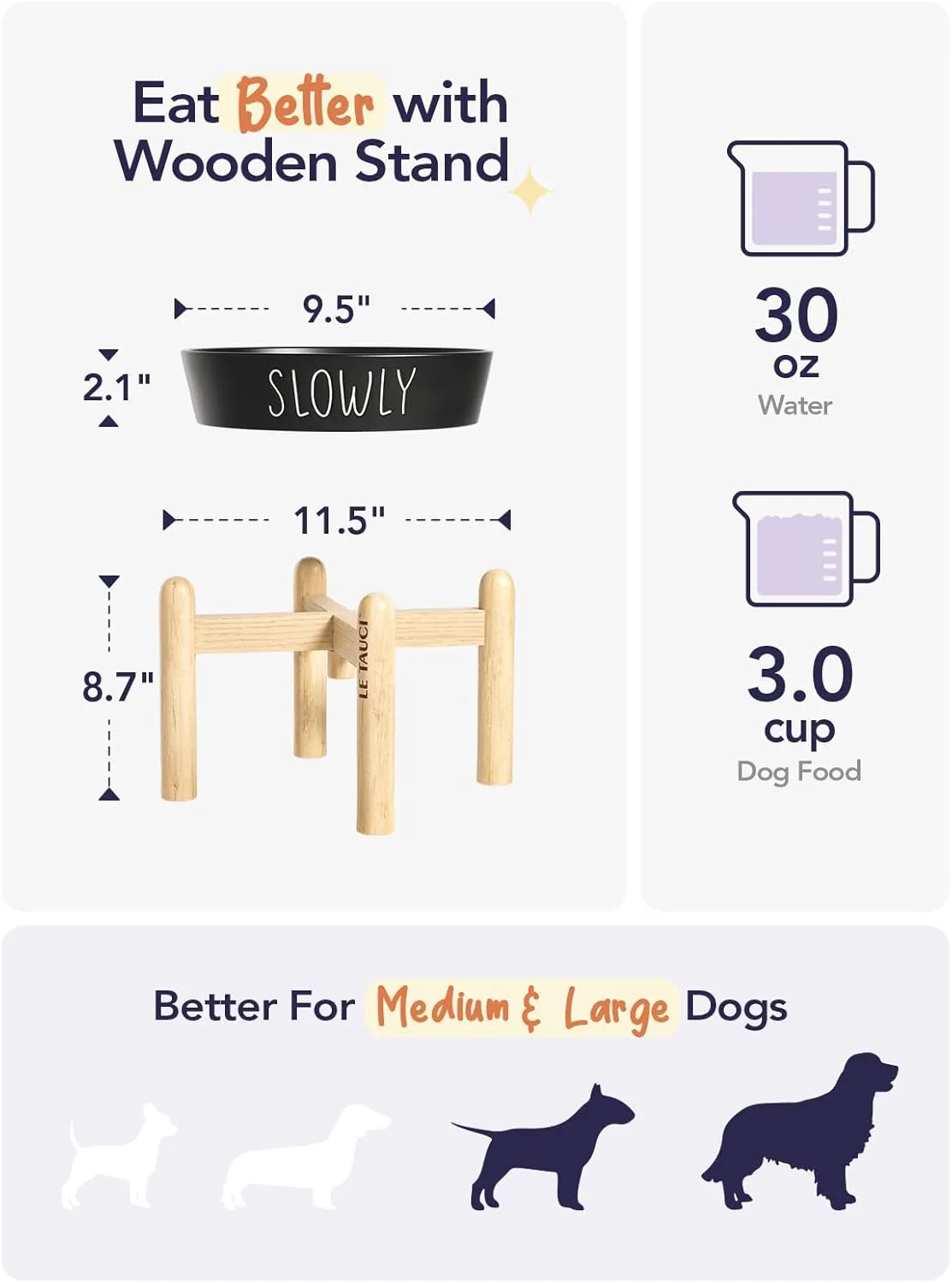Ceramic Slow Feeder Dog Bowls Elevated, 3 Cups Raised Dog Bowl with Wooden Stand for Medium Large Breed, Dog Dishes to Slow Down Eating, Puzzle Dog Food Bowl,Black
