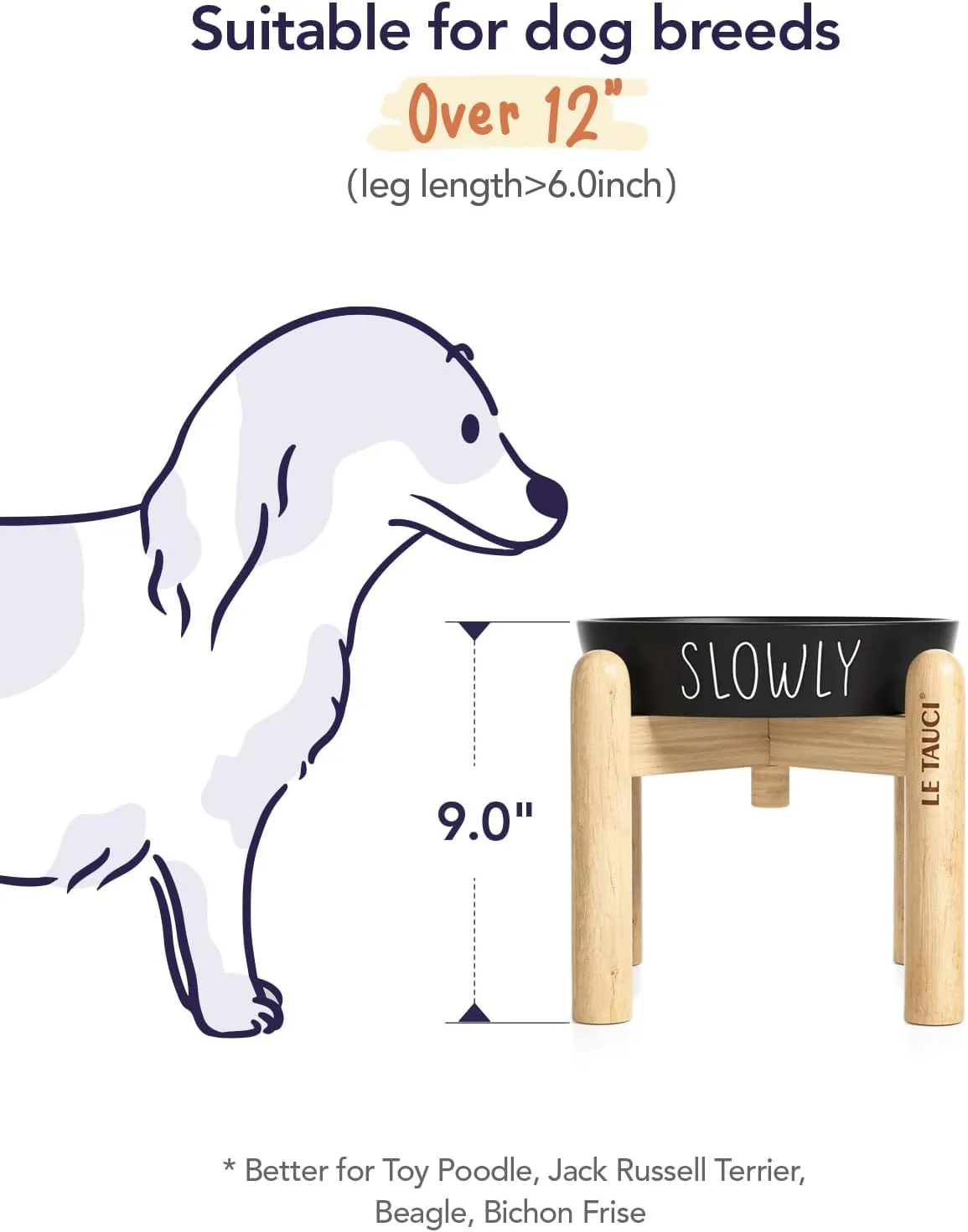 Ceramic Slow Feeder Dog Bowls Elevated, 3 Cups Raised Dog Bowl with Wooden Stand for Medium Large Breed, Dog Dishes to Slow Down Eating, Puzzle Dog Food Bowl,Black