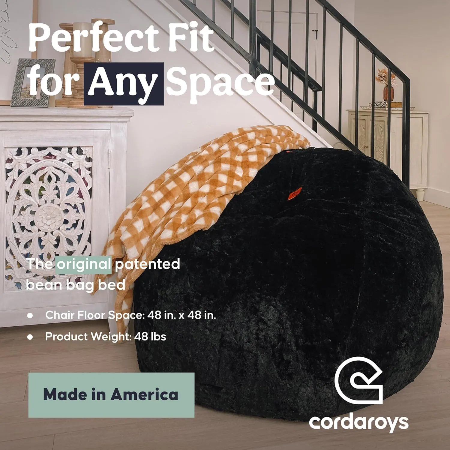 CordaRoy's Faux Fur Bean Bag-Convertible Bean Bag Chair & Bed-Machine-Washable Faux Fur Fabric Cover for Basement, Living Room, Game Room, Dorm & More - Queen Size - Black | Made in The USA