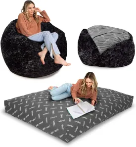 CordaRoy's Faux Fur Bean Bag-Convertible Bean Bag Chair & Bed-Machine-Washable Faux Fur Fabric Cover for Basement, Living Room, Game Room, Dorm & More - Queen Size - Black | Made in The USA