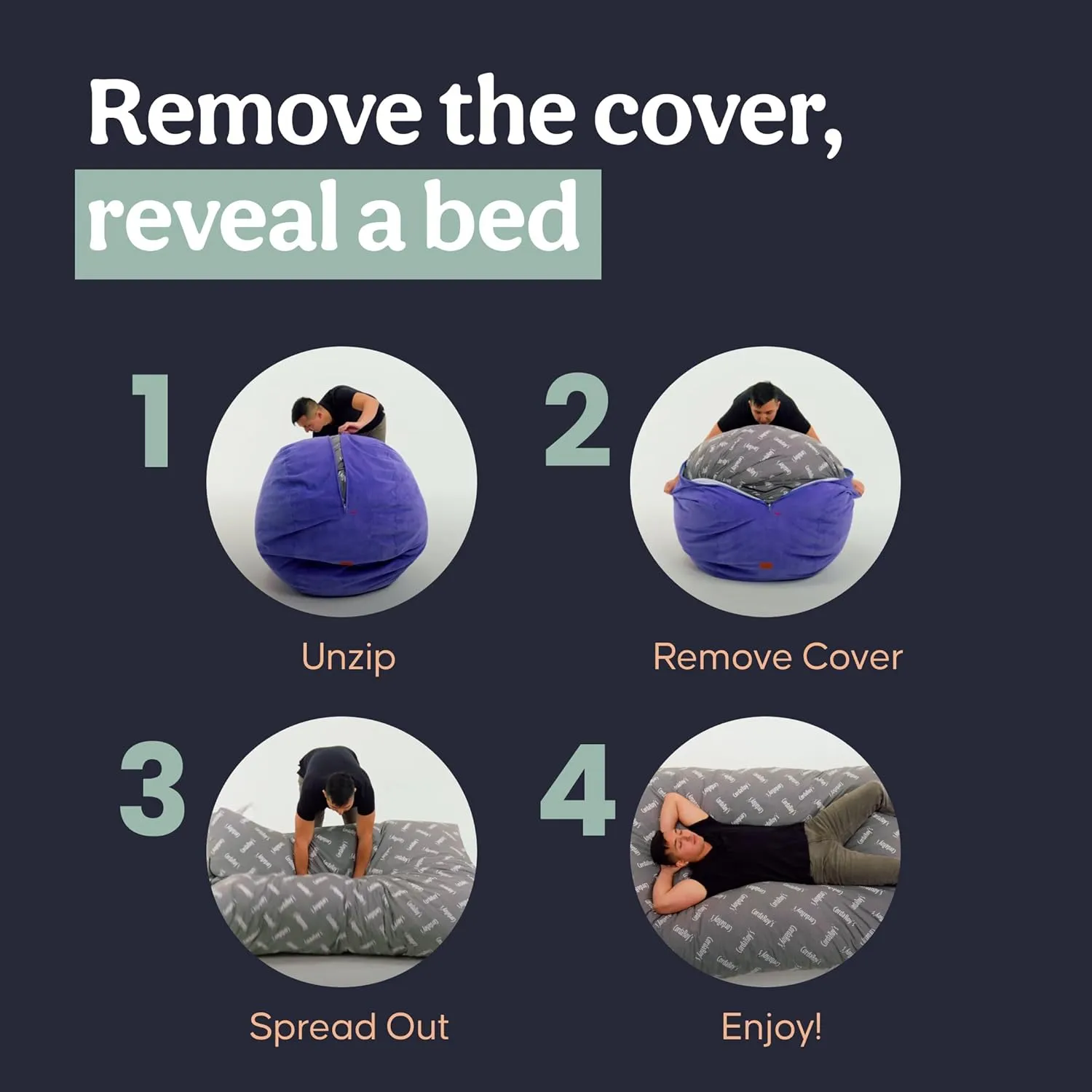 CordaRoy's Faux Fur Bean Bag-Convertible Bean Bag Chair & Bed-Machine-Washable Faux Fur Fabric Cover for Basement, Living Room, Game Room, Dorm & More - Queen Size - Black | Made in The USA