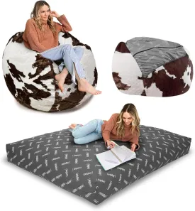 CordaRoy's Faux Fur Bean Bag-Convertible Bean Bag Chair & Bed-Machine-Washable Faux Fur Fabric Cover - for Basement, Living Room, Game Room, Dorm & More - Queen Size - Cow Pattern | Made in The USA