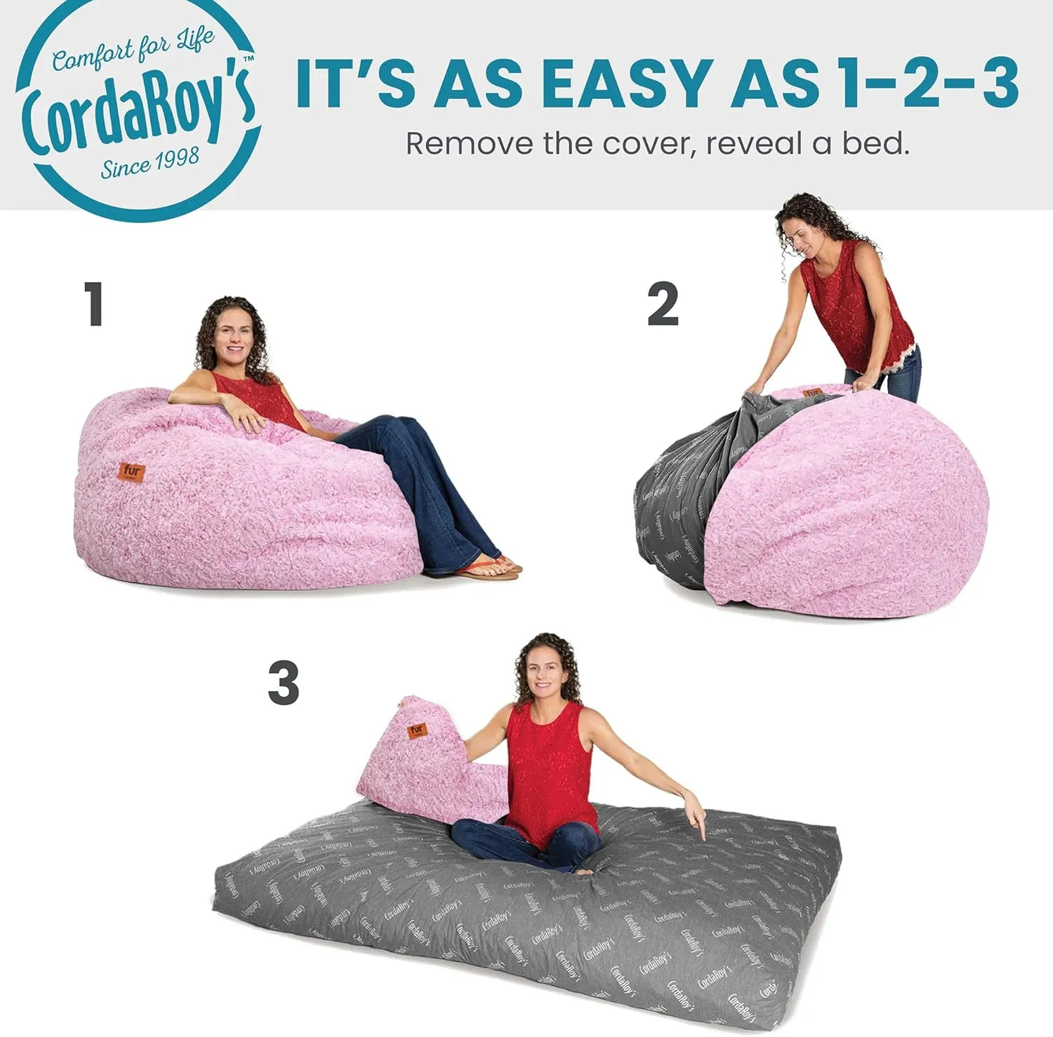CordaRoy's Faux Fur Bean Bag-Convertible Bean Bag Chair & Bed-Machine-Washable Faux Fur Fabric Cover for Basement, Living Room, Game Room, Dorm & More - Youth Size - White | Made in The USA