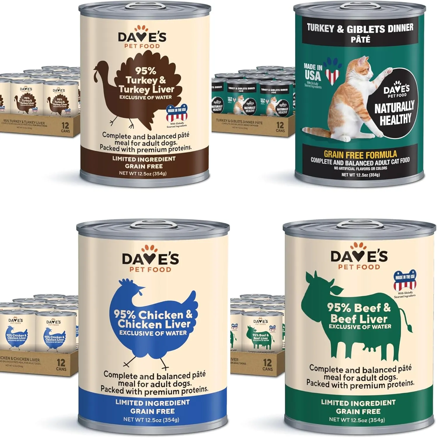 Dave's Pet Food Grain Free Wet Dog & Cat Food Bundle, 95% Turkey, Chicken, Beef, & Turkey & Giblets Pate, Made in USA, Single-Source Protein, Limited Ingredients, 12.5 oz Cans (Case of 12)