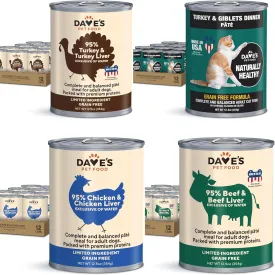Dave's Pet Food Grain Free Wet Dog & Cat Food Bundle, 95% Turkey, Chicken, Beef, & Turkey & Giblets Pate, Made in USA, Single-Source Protein, Limited Ingredients, 12.5 oz Cans (Case of 12)