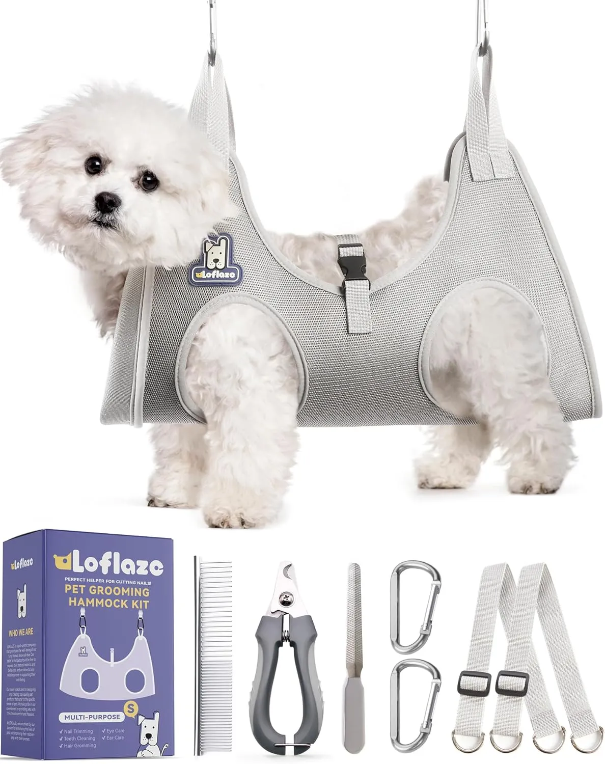 Dog Grooming Hammock Harness for Dogs & Cats with Pet Nail Clipper Trimmer - Cat Hanger Sling for Trimming Clipping Nails- Dog Hammock Restraint Bag for Small Medium Large pet  Grey S 
