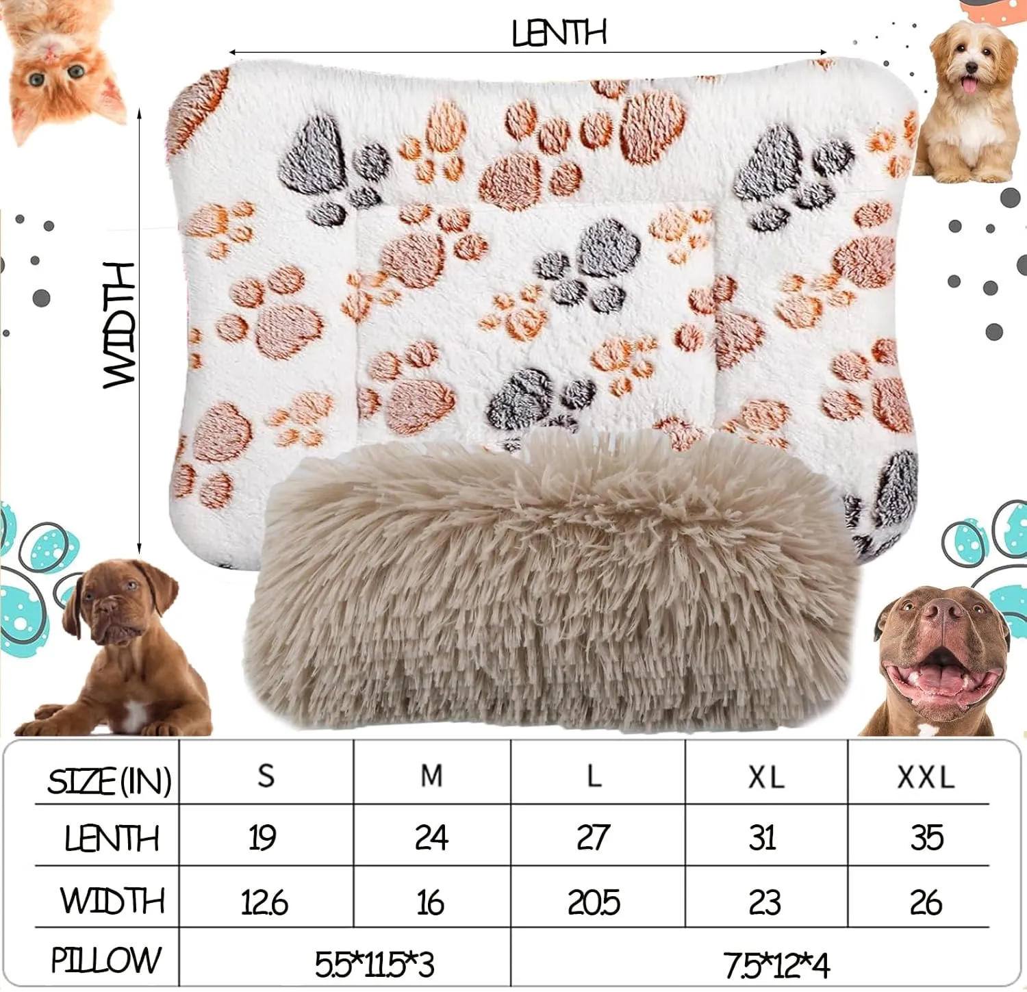 Dog Mat for Crate With Calming Pillow, Portable Pet Liner Travel Bed, Medium Size Fluffy Kennel Pads, Washable 24x15inches