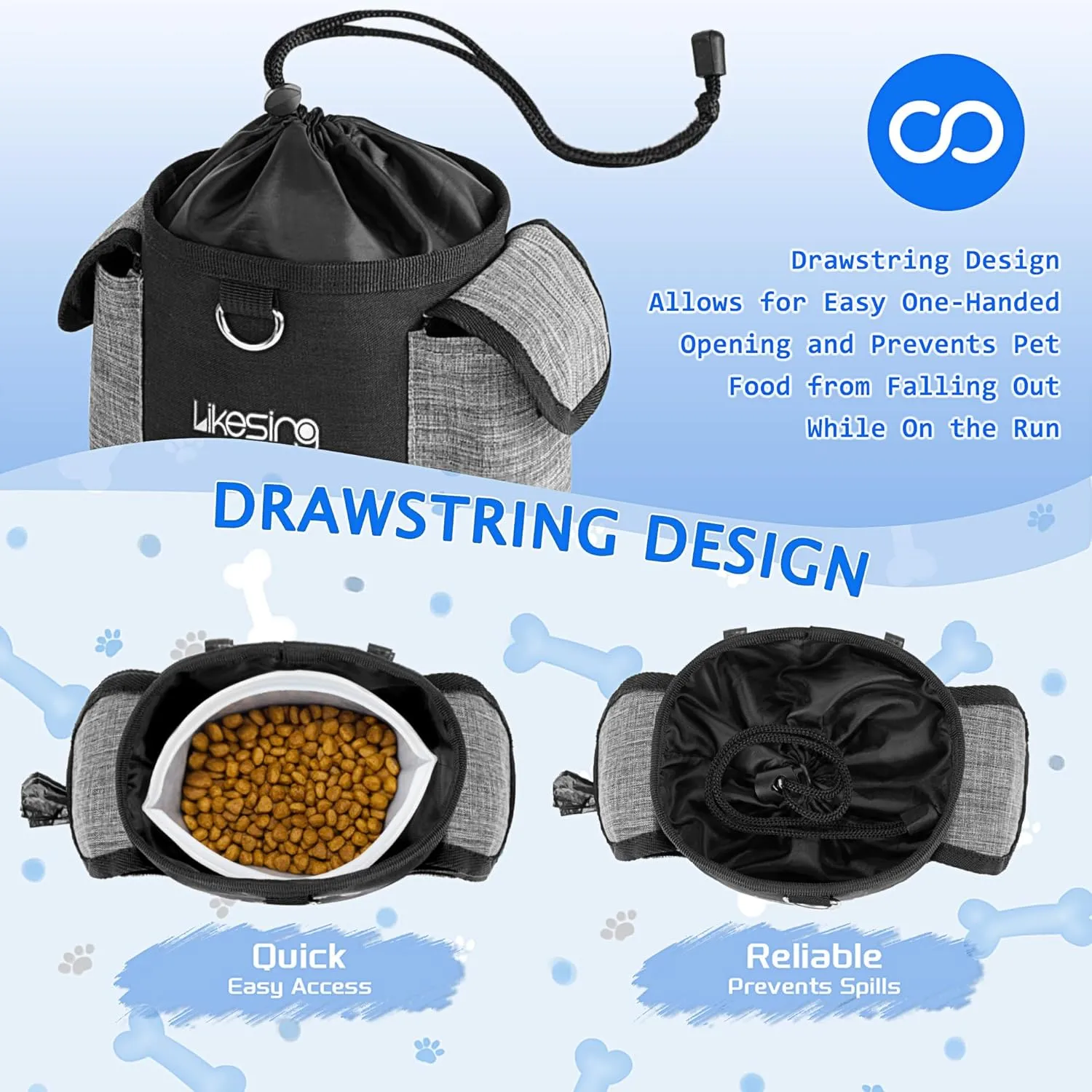 Dog Treat Pouch with Silicone Snack Pouch, 2 Cup Treat Bag Dog Treat Pouches for Pet Training with Clicker, Stronger Magnetic Closure, 2 Ways to Wear Dog Walking Bag(Black Grey)
