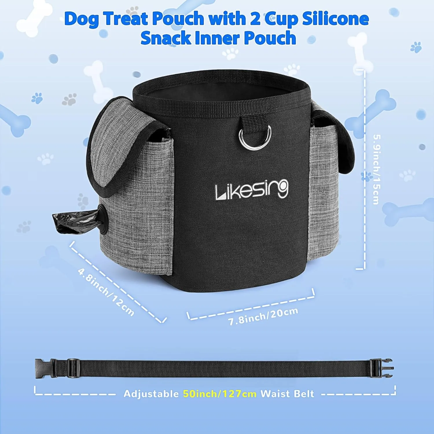 Dog Treat Pouch with Silicone Snack Pouch, 2 Cup Treat Bag Dog Treat Pouches for Pet Training with Clicker, Stronger Magnetic Closure, 2 Ways to Wear Dog Walking Bag(Black Grey)