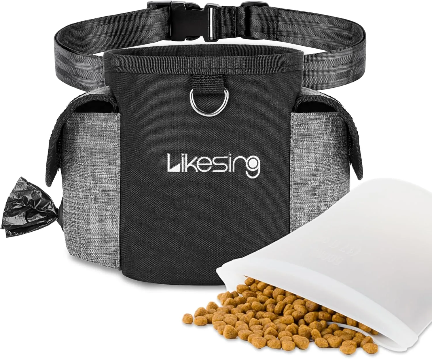 Dog Treat Pouch with Silicone Snack Pouch, 2 Cup Treat Bag Dog Treat Pouches for Pet Training with Clicker, Stronger Magnetic Closure, 2 Ways to Wear Dog Walking Bag(Black Grey)