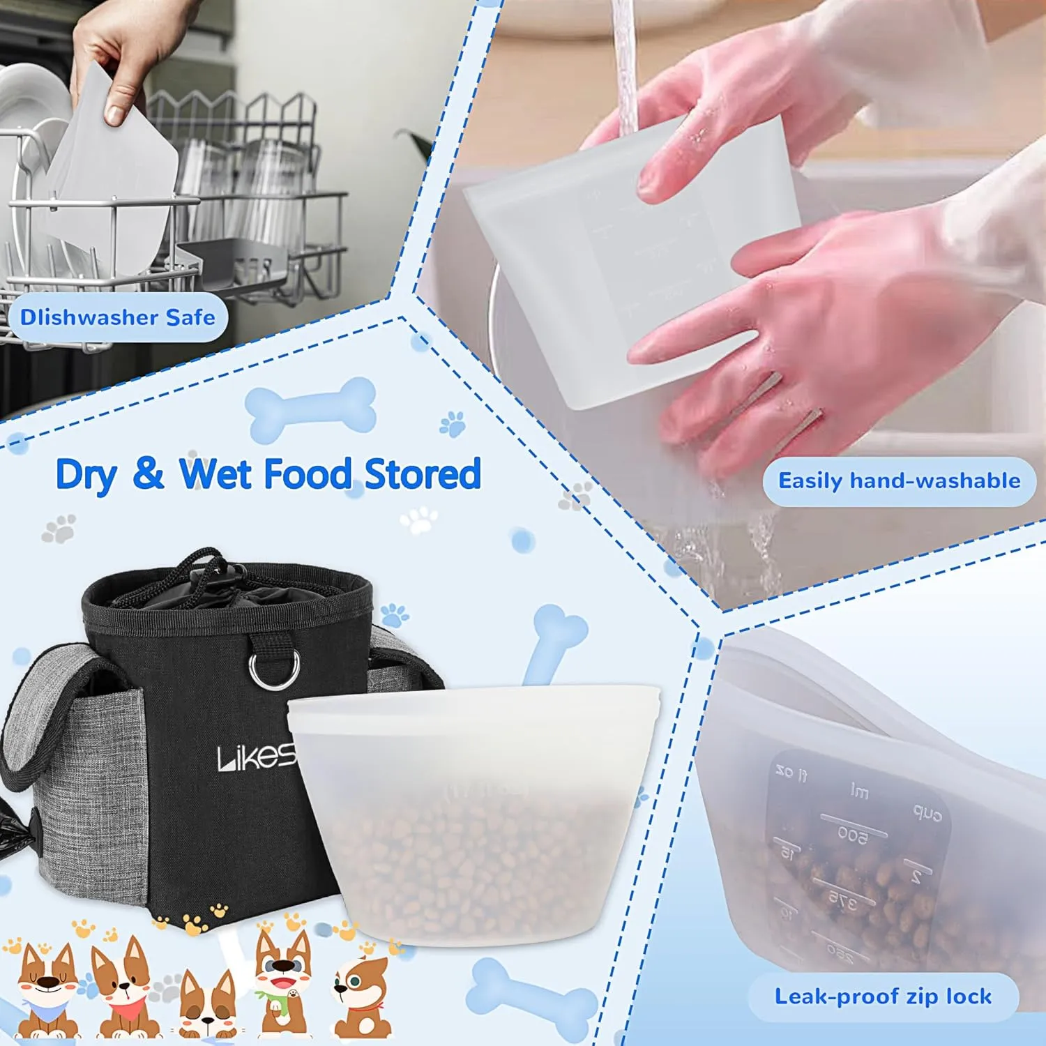 Dog Treat Pouch with Silicone Snack Pouch, 2 Cup Treat Bag Dog Treat Pouches for Pet Training with Clicker, Stronger Magnetic Closure, 2 Ways to Wear Dog Walking Bag(Black Grey)