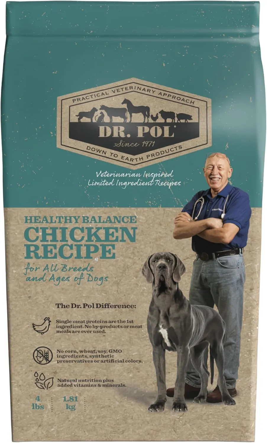 Dr. Pol Limited Ingredient Chicken Dog Food - Natural Healthy Balance Kibble, Single Meat Source, Vet Formulated for Allergies and Sensitive Stomachs, Made in USA, Chicken 4lb Bag