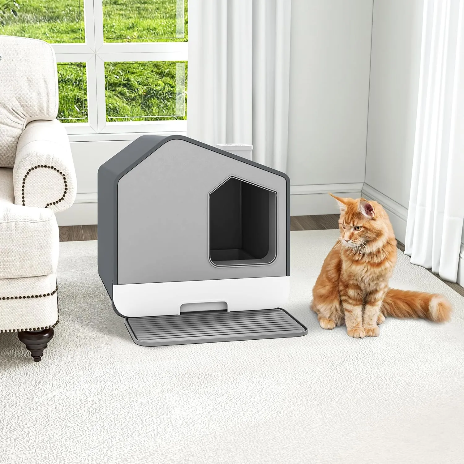 DWVO XL Enclosed Cat Litter Box with Vent, Mat, and Litter Scoop, Odorless, Anti-Splashing, No Installation Required - Gray