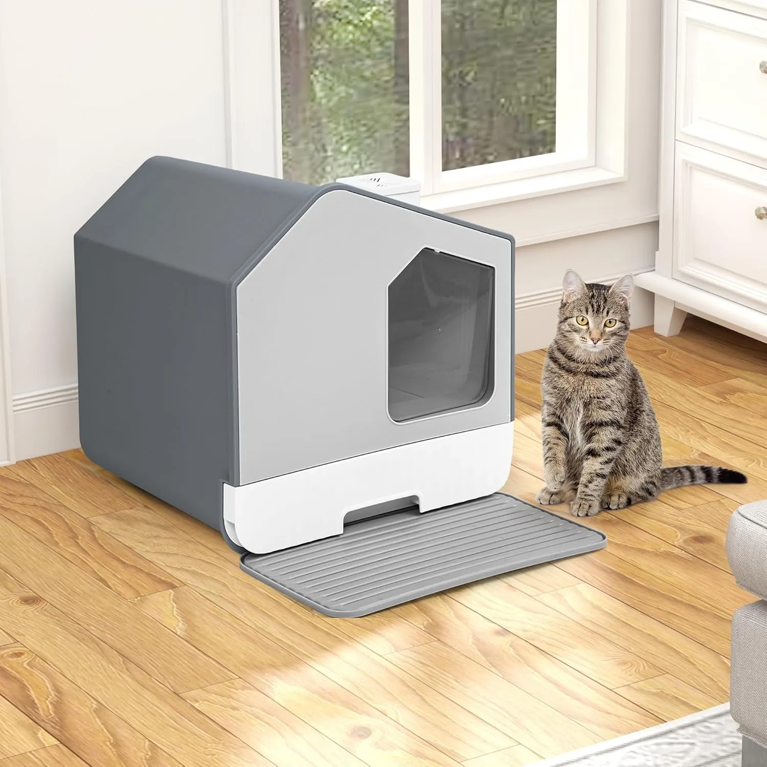 DWVO XL Enclosed Cat Litter Box with Vent, Mat, and Litter Scoop, Odorless, Anti-Splashing, No Installation Required - Gray