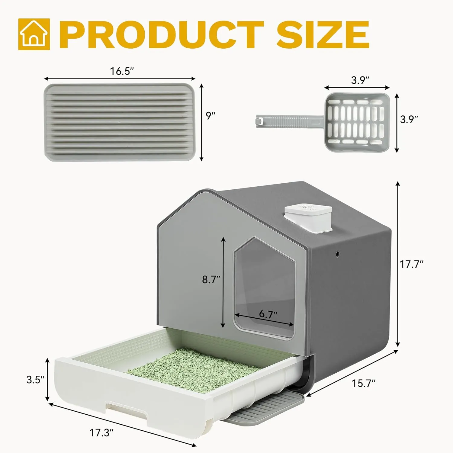 DWVO XL Enclosed Cat Litter Box with Vent, Mat, and Litter Scoop, Odorless, Anti-Splashing, No Installation Required - Gray