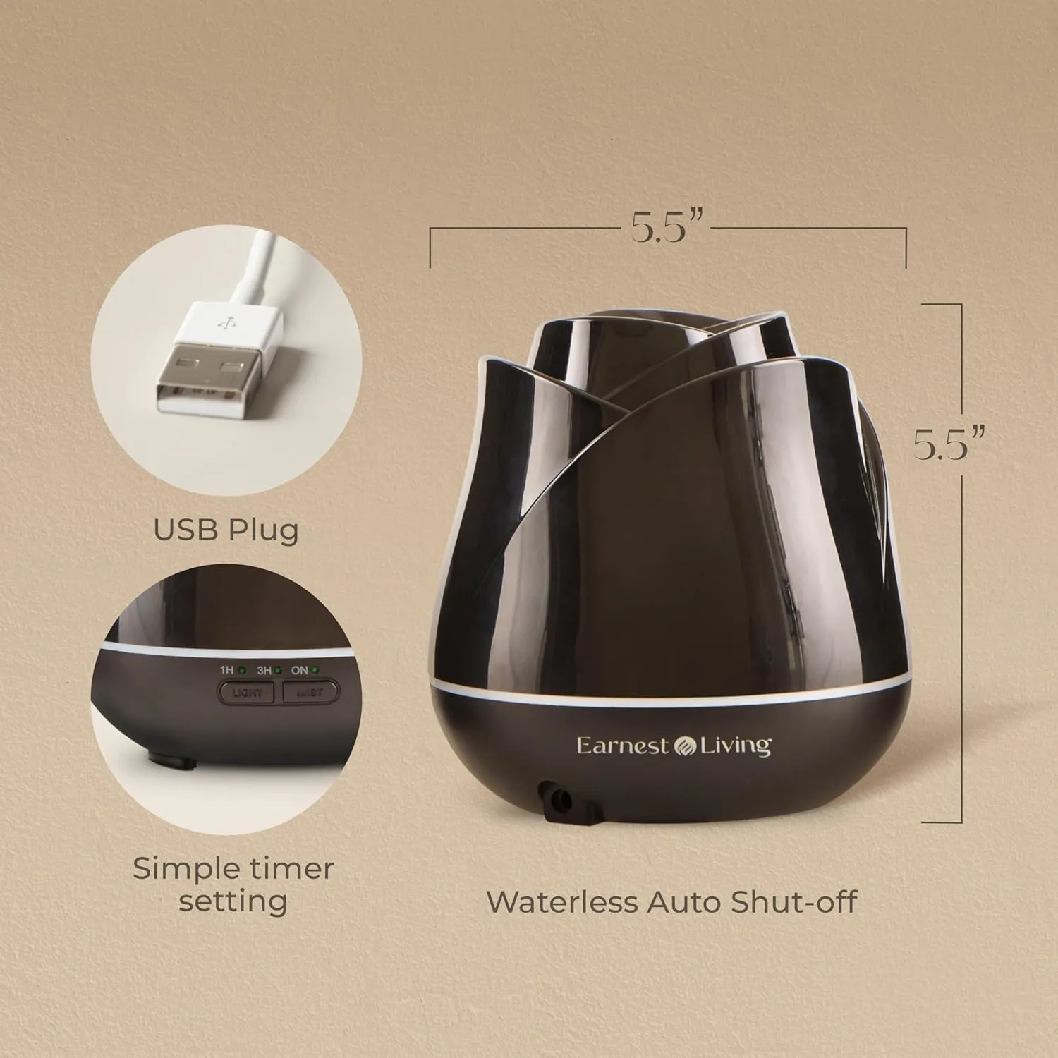 Earnest Living Rose Essential Oil Diffuser  150 ml Mini Ultrasonic Aromatherapy Diffuser for Bedroom, Desk  USB Powered, Quiet Mist, 7-Color Light, Auto Shut-Off, Gift for Women  Solid Black