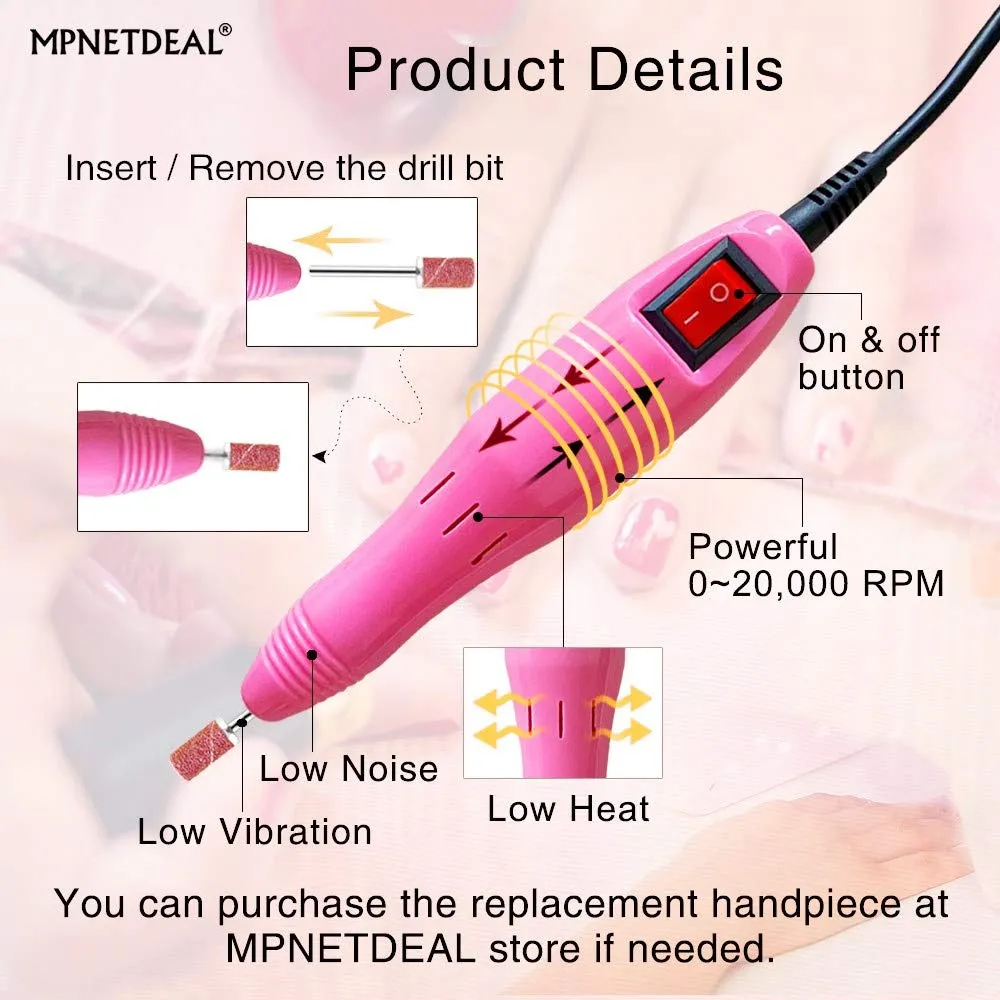 Electric Nail Drills Machine e File Dremel buffers Sanding Bands Bits for Acrylic Nails Gel Polish Glazing Art Set Polisher Grinder Filer Manicure Pedicure Kit mquina uas acrilicas Pink
