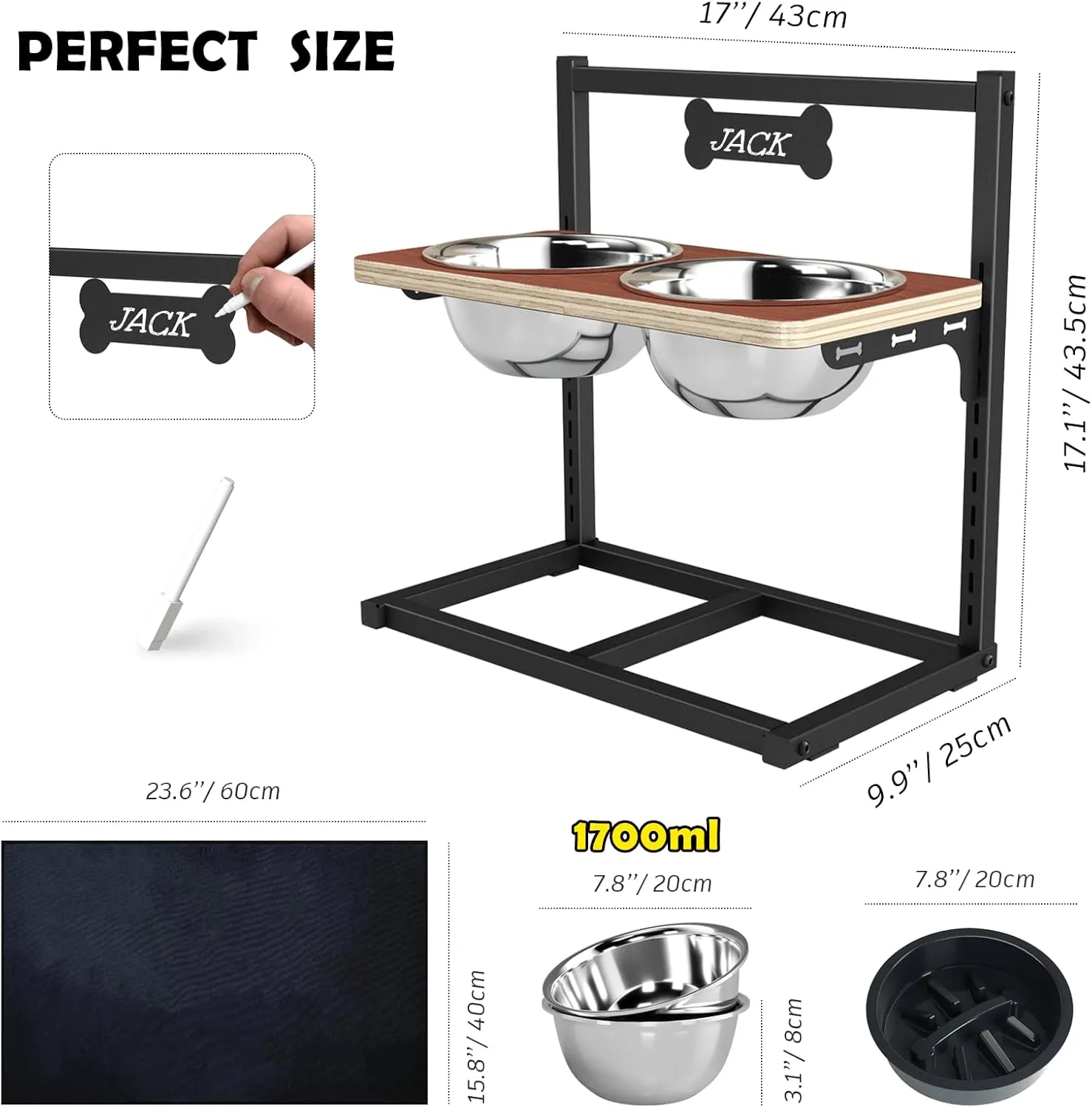 Elevated Dog Bowls with Slow Feeder - 9 Heights Adjustable Raised Dog Bowl Stand with Two 1.7L Stainless Steel Dog Food Bowls & Slow Feeder and a Nonslip Pad, Perfect for Medium Large Breed