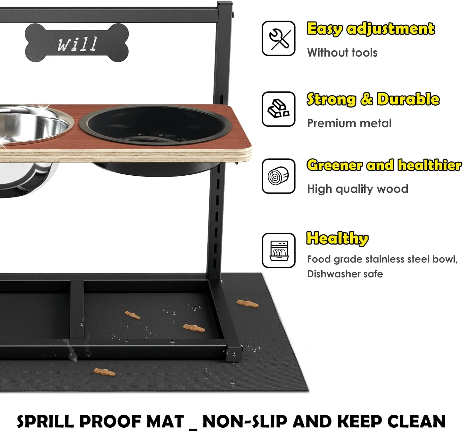 Elevated Dog Bowls with Slow Feeder - 9 Heights Adjustable Raised Dog Bowl Stand with Two 1.7L Stainless Steel Dog Food Bowls & Slow Feeder and a Nonslip Pad, Perfect for Medium Large Breed