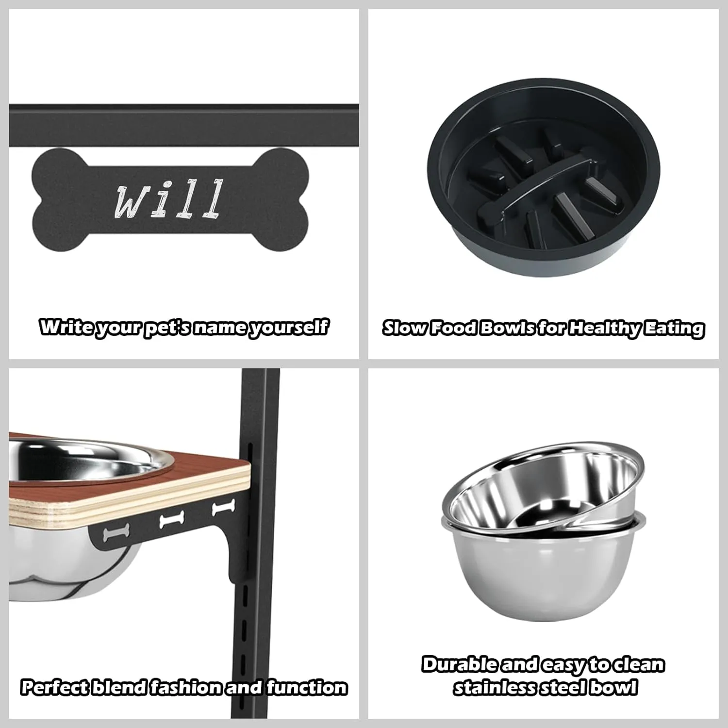 Elevated Dog Bowls with Slow Feeder - 9 Heights Adjustable Raised Dog Bowl Stand with Two 1.7L Stainless Steel Dog Food Bowls & Slow Feeder and a Nonslip Pad, Perfect for Medium Large Breed