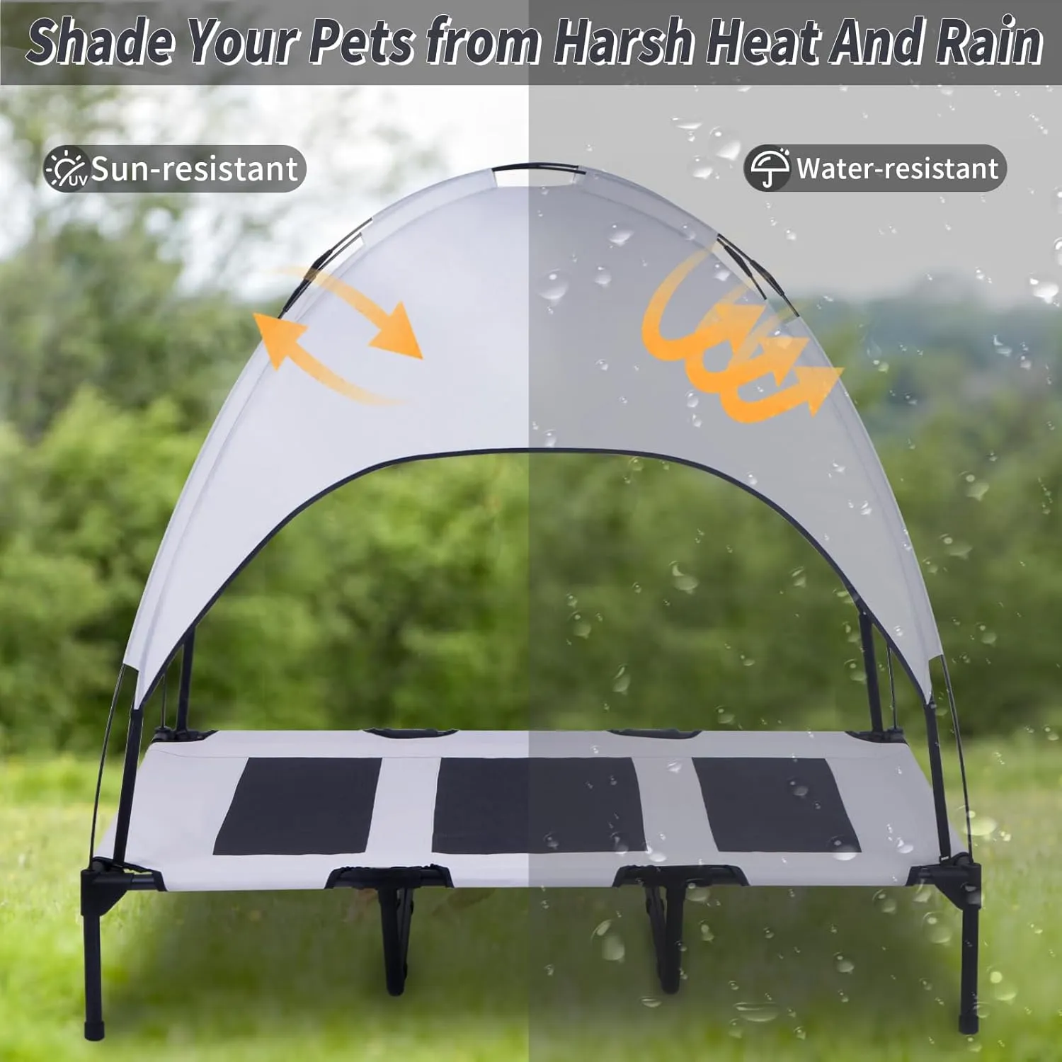 Elevated Outdoor Dog Bed with Canopy, Raised Removable Cover Cooling Dog Beds with Waterpoof Shade Dog Tent Outside Portable Dog Cot for Large Dogs Pet (Light Grey)