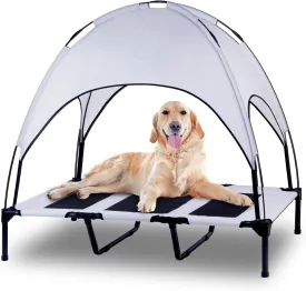 Elevated Outdoor Dog Bed with Canopy, Raised Removable Cover Cooling Dog Beds with Waterpoof Shade Dog Tent Outside Portable Dog Cot for Large Dogs Pet (Light Grey)
