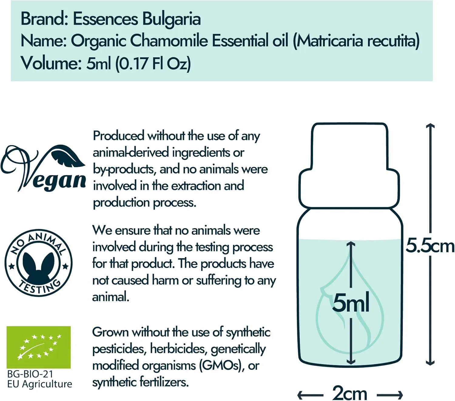 Essences Bulgaria Organic Chamomile Essential Oil - Blue 1/6 Fl Oz | 5ml | Matricaria recutita | 100% Pure and Natural | Undiluted | Therapeutic Grade | Family Owned Farm | Steam-Distilled | Non-GMO