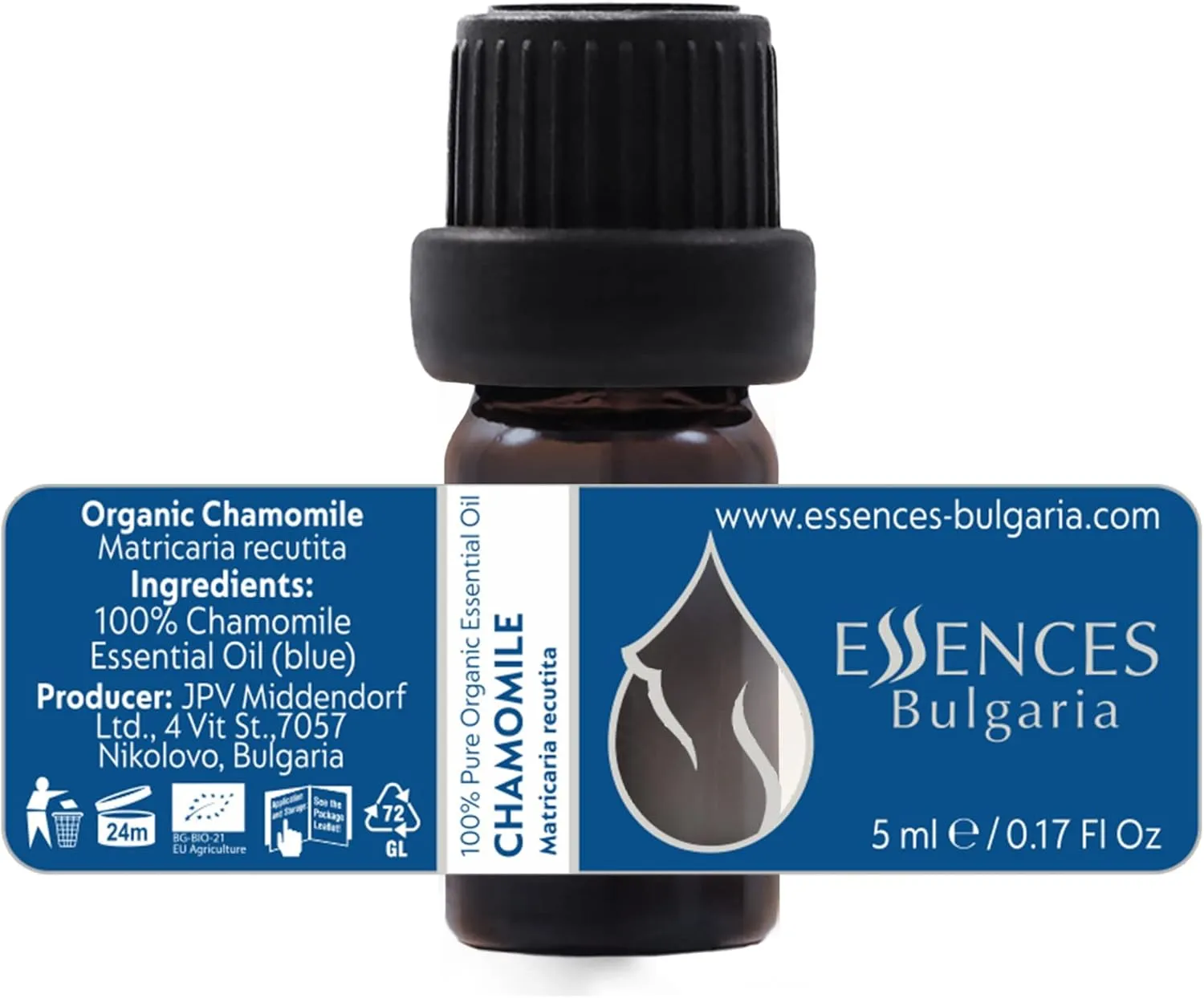 Essences Bulgaria Organic Chamomile Essential Oil - Blue 1/6 Fl Oz | 5ml | Matricaria recutita | 100% Pure and Natural | Undiluted | Therapeutic Grade | Family Owned Farm | Steam-Distilled | Non-GMO